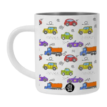 Αμαξάκια, Λευκή Ανοξείδωτη Μεταλλική Κούπα 450ml - Διπλού Τοιχώματος 