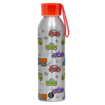 Αμαξάκια, Αλουμινένιο Αθλητικό Μπουκάλι 650ml – Ασημί με Κόκκινο Καπάκι και Λουράκι Σιλικόνης