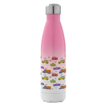 Colorful cars, Metal mug thermos Pink/White (Stainless steel), double wall, 500ml