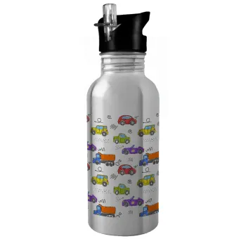 Αμαξάκια, Παγούρι νερού Ασημένιο με καλαμάκι, ανοξείδωτο ατσάλι 600ml