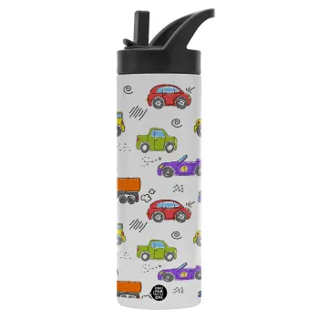 Colorful cars, Metallic thermos bottle with straw & handle, stainless steel (Stainless steel 304), double-walled, 600ml.