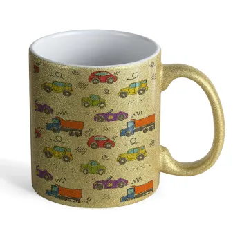 Colorful cars, Κούπα Χρυσή Glitter που γυαλίζει, κεραμική, 330ml