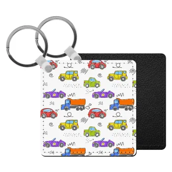 Colorful cars, Μπρελόκ Δερματίνη, τετράγωνο ΜΑΥΡΟ (5x5cm)