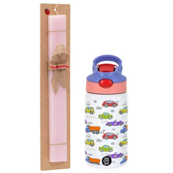 Colorful cars, Easter Set, Children's thermal stainless steel water bottle with safety straw, pink/purple (350ml) & Easter scented flat candle (30cm) (PINK)