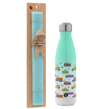 Colorful cars, Easter Set, Metallic green/white thermos (Stainless steel), double-walled, 500ml & scented flat Easter candle (30cm) (TURQUOISE)