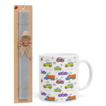 Colorful cars, Easter Set, Ceramic Cup (330ml) & Easter aromatic flat candle (30cm) (GRAY)