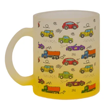 Colorful cars, Κούπα γυάλινη δίχρωμη με βάση το κίτρινο ματ, 330ml