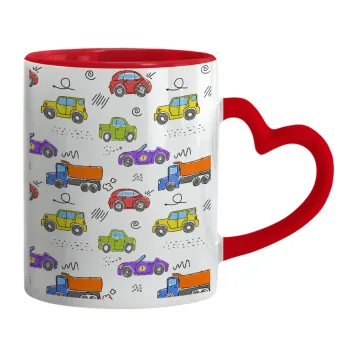 Colorful cars, Mug heart red handle, ceramic, 330ml