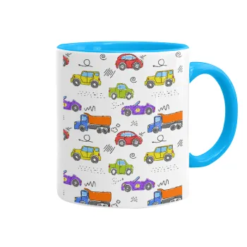 Colorful cars, Mug colored light blue, ceramic, 330ml