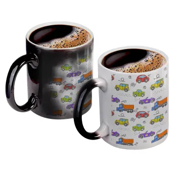 Colorful cars, Color changing magic Mug, ceramic, 330ml when adding hot liquid inside, the black colour desappears (1 pcs)