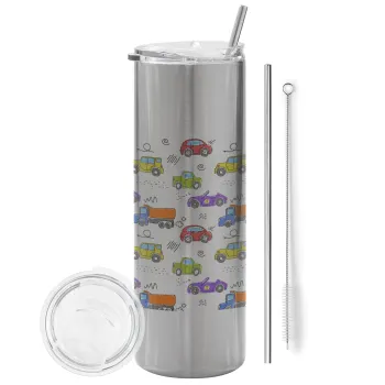 Αμαξάκια, Tumbler ποτήρι θερμό Ασημένιο από ανοξείδωτο ατσάλι 600ml, με μεταλλικό καλαμάκι & βούρτσα καθαρισμού