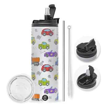 Colorful cars, Travel Tumbler 2 Lids, with metal straw & cleaning brush (Stainless steel 304 Food grade, BPA free, 600ml)