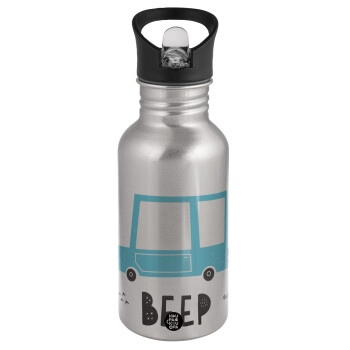 Car BEEP..., Water bottle Silver with straw, stainless steel 500ml