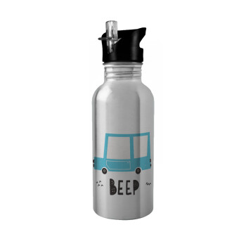 Car BEEP..., Water bottle Silver with straw, stainless steel 600ml