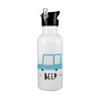 Car BEEP..., White water bottle with straw, stainless steel 600ml