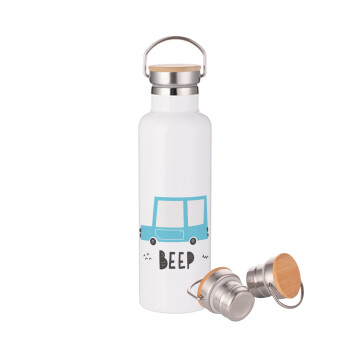 Car BEEP..., Stainless steel White with wooden lid (bamboo), double wall, 750ml