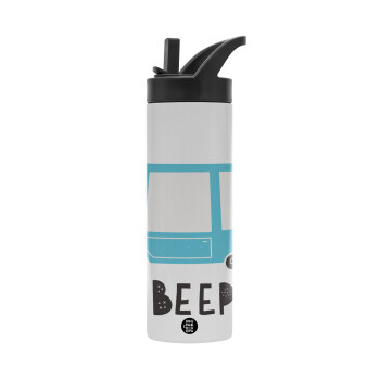 Car BEEP..., Metallic thermos bottle with straw & handle, stainless steel (Stainless steel 304), double-walled, 600ml.