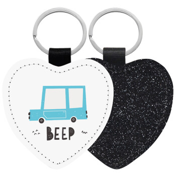Car BEEP..., Μπρελόκ PU δερμάτινο glitter καρδιά ΜΑΥΡΟ