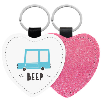Car BEEP..., Μπρελόκ PU δερμάτινο glitter καρδιά ΡΟΖ
