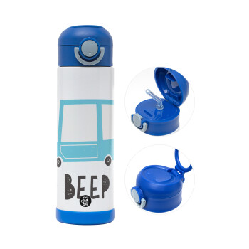 Car BEEP..., Children's hot water bottle, stainless steel, with safety straw, BLUE (500ml)