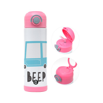 Car BEEP..., Children's hot water bottle, stainless steel, with safety straw, PINK (500ml)