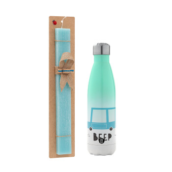 Car BEEP..., Easter Set, Metallic green/white thermos (Stainless steel), double-walled, 500ml & scented flat Easter candle (30cm) (TURQUOISE)
