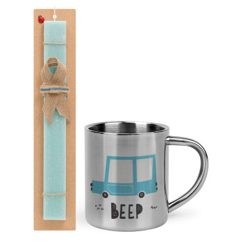 Car BEEP..., Easter Set, metallic thermal cup (300ml) & aromatic flat Easter candle (30cm) (TURQUOISE)