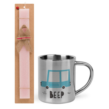 Car BEEP..., Easter Set, metallic thermal cup (300ml) & aromatic flat Easter candle (30cm) (PINK)
