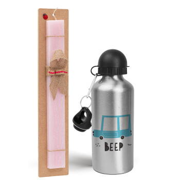 Car BEEP..., Easter Set, metallic Silver aluminum water bottle (500ml) & scented flat Easter candle (30cm) (PINK)