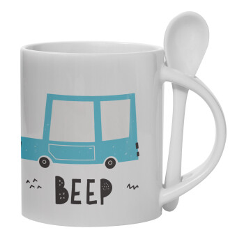Car BEEP..., Ceramic coffee mug with Spoon, 330ml (1pcs)