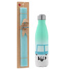 Easter Set, Metallic green/white thermos (Stainless steel), double-walled, 500ml & scented flat Easter candle (30cm) (TURQUOISE)