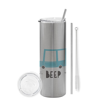Car BEEP..., Eco friendly stainless steel Silver tumbler 600ml, with metal straw & cleaning brush