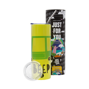 Car BEEP..., Neon Yellow Travel Tumbler, with metal straw (Stainless steel 304 Food grade, BPA free, 600ml)