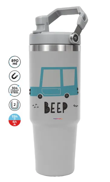 Car BEEP... — ΓΚΡΙ Travel Tumbler Θερμός με χερούλι και καλαμάκι 890ml