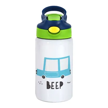 Car BEEP..., Children's hot water bottle, stainless steel, with safety straw, green, blue (350ml)