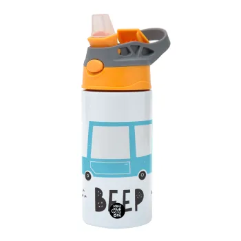 Car BEEP..., Children's hot water bottle, stainless steel, with safety straw, Orange/Grey (360ml) BPA-FREE