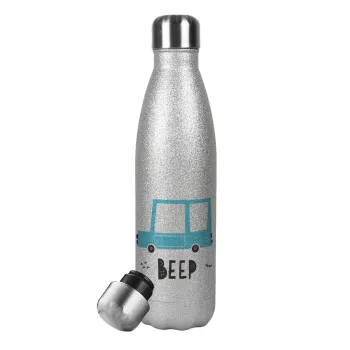 Car BEEP..., Metallic Glitter Silver Thermos Flask (Stainless steel), double-walled, 500ml