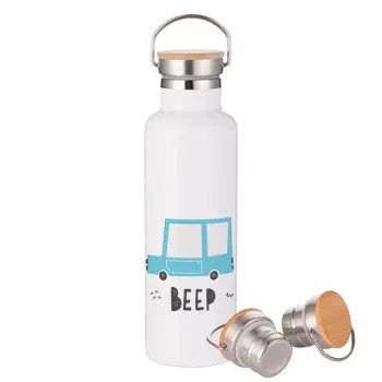 Car BEEP..., Stainless steel White with wooden lid (bamboo), double wall, 750ml