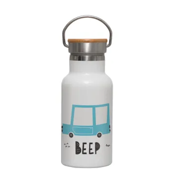Car BEEP..., Metallic thermos (Stainless steel) White with wooden lid (bamboo), double-walled, 350ml