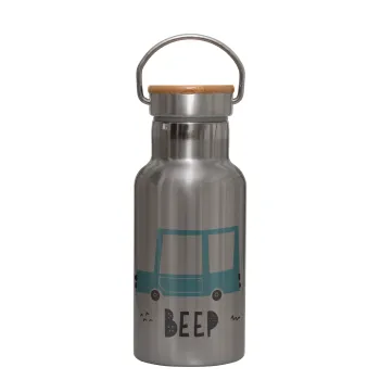 Car BEEP..., Stainless steel metallic thermos flask, silver with a bamboo lid, double-walled, 350ml.