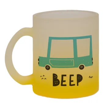 Car BEEP..., Κούπα γυάλινη δίχρωμη με βάση το κίτρινο ματ, 330ml