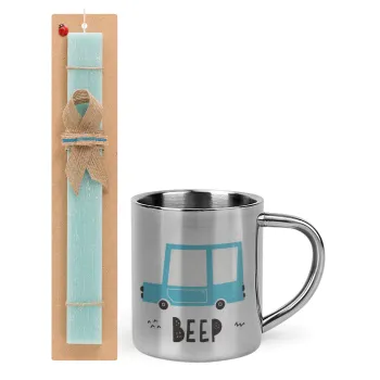 Car BEEP..., Easter Set, metallic thermal cup (300ml) & aromatic flat Easter candle (30cm) (TURQUOISE)