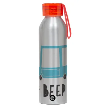 Car BEEP..., Αλουμινένιο Αθλητικό Μπουκάλι 650ml – Ασημί με Κόκκινο Καπάκι και Λουράκι Σιλικόνης