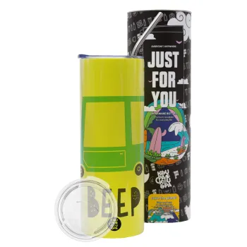Car BEEP..., Neon Yellow Travel Tumbler θερμό, μεταλλικό καλαμάκι(Ανωξείδωτο 304 Food grade, BPA free, 600ml)