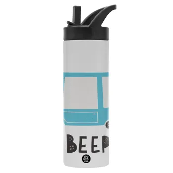 Car BEEP..., Metallic thermos bottle with straw & handle, stainless steel (Stainless steel 304), double-walled, 600ml.