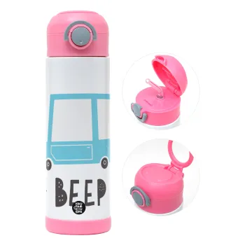 Car BEEP..., Children's hot water bottle, stainless steel, with safety straw, PINK (500ml)