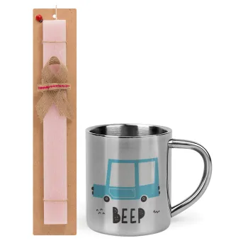 Car BEEP..., Easter Set, metallic thermal cup (300ml) & aromatic flat Easter candle (30cm) (PINK)