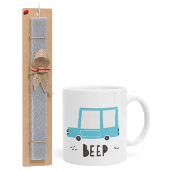 Car BEEP..., Easter Set, Ceramic Cup (330ml) & Easter aromatic flat candle (30cm) (GRAY)