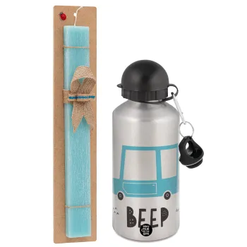 Car BEEP..., Easter Set, metallic silver aluminum water bottle (500ml) & scented flat Easter candle (30cm) (TURQUOISE)