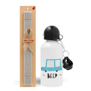 Car BEEP..., Easter Set, metallic aluminum water bottle (500ml) & aromatic flat Easter candle (30cm) (GRAY)